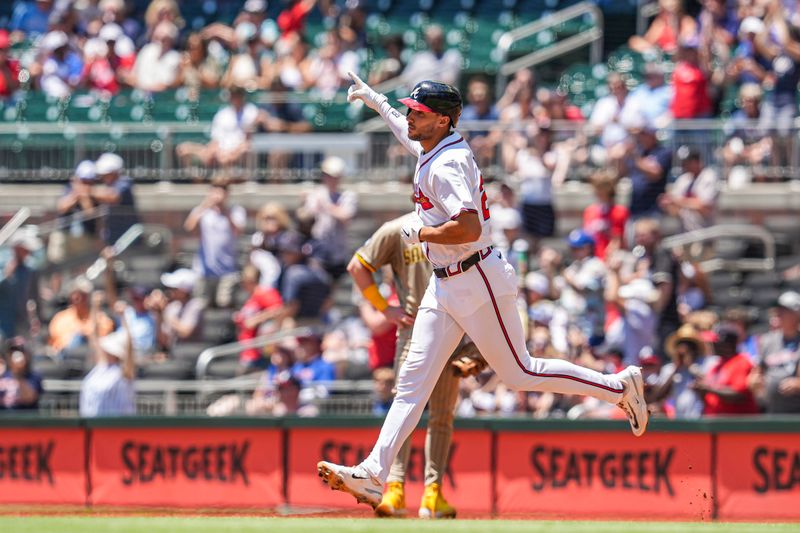 May 20, 2024; Cumberland, Georgia, USA; Atlanta Braves first baseman Matt Olson (28) runs after hitting a home run against the San Diego Padres during the third inning at Truist Park. Mandatory Credit: Dale Zanine-USA TODAY Sports