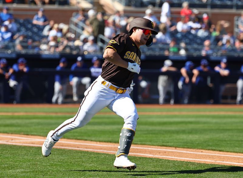 Feb 22, 2024; Peoria, Arizona, USA; San Diego Padres infielder Ha-Seong Kim against the Los Angeles Dodgers during a spring training game at Peoria Sports Complex. Mandatory Credit: Mark J. Rebilas-USA TODAY Sports