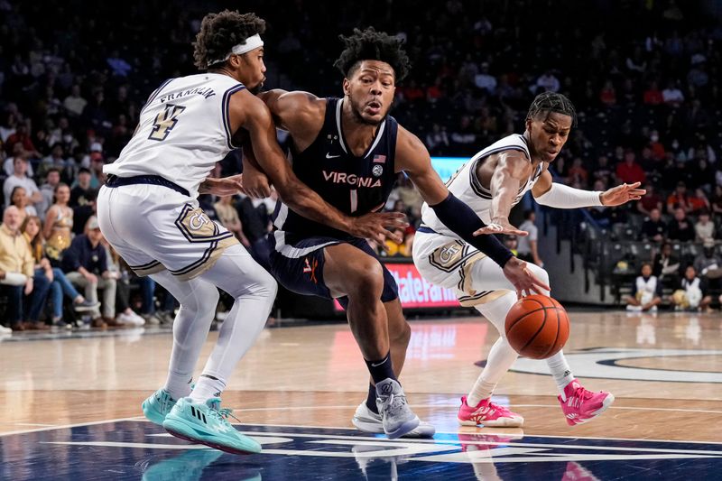 Dec 31, 2022; Atlanta, Georgia, USA; Virginia Cavaliers forward Jayden Gardner (1) dribbles past Georgia Tech Yellow Jackets forward Javon Franklin (4) during the first half at McCamish Pavilion. Mandatory Credit: Dale Zanine-USA TODAY Sports