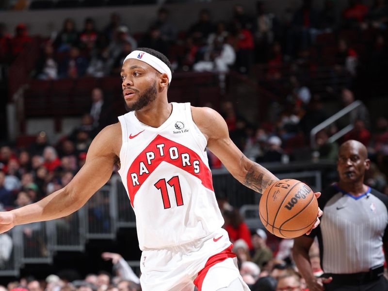 CHICAGO, IL - JANUARY 30: Bruce Brown #11 of the Toronto Raptors dribbles the ball during the game against the Chicago Bulls on January 30, 2024 at United Center in Chicago, Illinois. NOTE TO USER: User expressly acknowledges and agrees that, by downloading and or using this photograph, User is consenting to the terms and conditions of the Getty Images License Agreement. Mandatory Copyright Notice: Copyright 2024 NBAE (Photo by Jeff Haynes/NBAE via Getty Images)