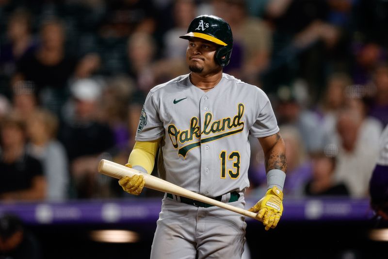 Jul 28, 2023; Denver, Colorado, USA; Oakland Athletics first baseman Jordan Diaz (13) reacts after striking out in the eighth inning against the Colorado Rockies at Coors Field. Mandatory Credit: Isaiah J. Downing-USA TODAY Sports