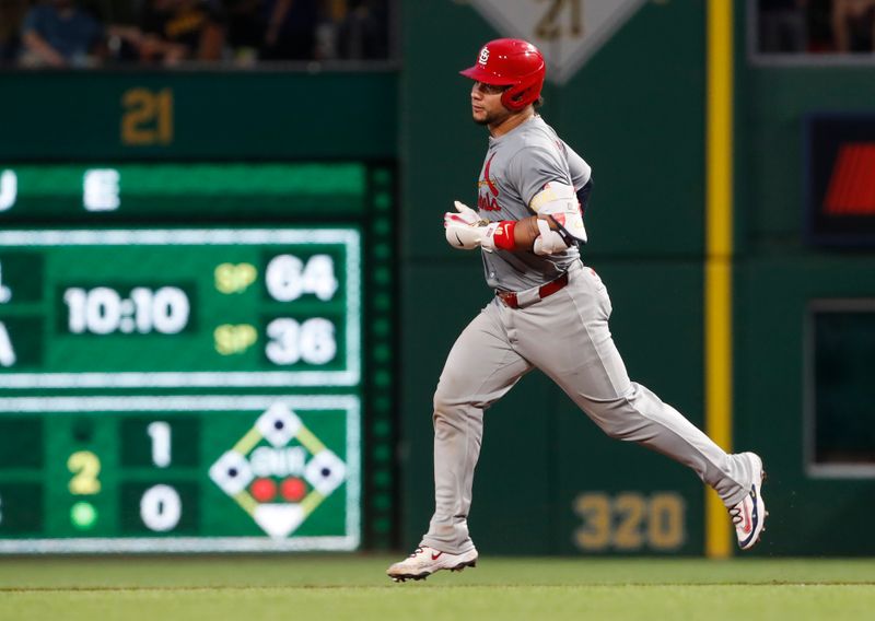 Jul 3, 2024; Pittsburgh, Pennsylvania, USA;  St. Louis Cardinals catcher Willson Contreras (40) circles the bases on a two run home run against the Pittsburgh Pirates during the eighth inning at PNC Park. Mandatory Credit: Charles LeClaire-USA TODAY Sports