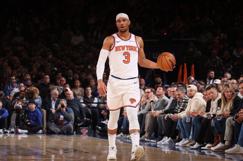 NEW YORK, NY - JANUARY 13: Josh Hart #3 of the New York Knicks dribbles the ball during the game against the Detroit Pistons on January 13, 2025 at Madison Square Garden in New York City, New York.  NOTE TO USER: User expressly acknowledges and agrees that, by downloading and or using this photograph, User is consenting to the terms and conditions of the Getty Images License Agreement. Mandatory Copyright Notice: Copyright 2025 NBAE  (Photo by Nathaniel S. Butler/NBAE via Getty Images)