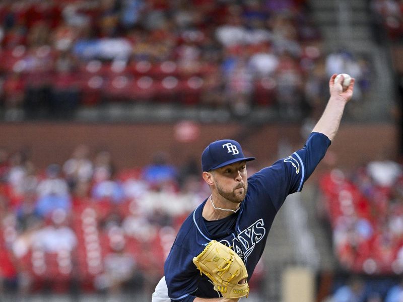 Aug 6, 2024; St. Louis, Missouri, USA;  Tampa Bay Rays starting pitcher Jeffrey Springs (59) pitches against the St. Louis Cardinals during the first inning at Busch Stadium. Mandatory Credit: Jeff Curry-USA TODAY Sports