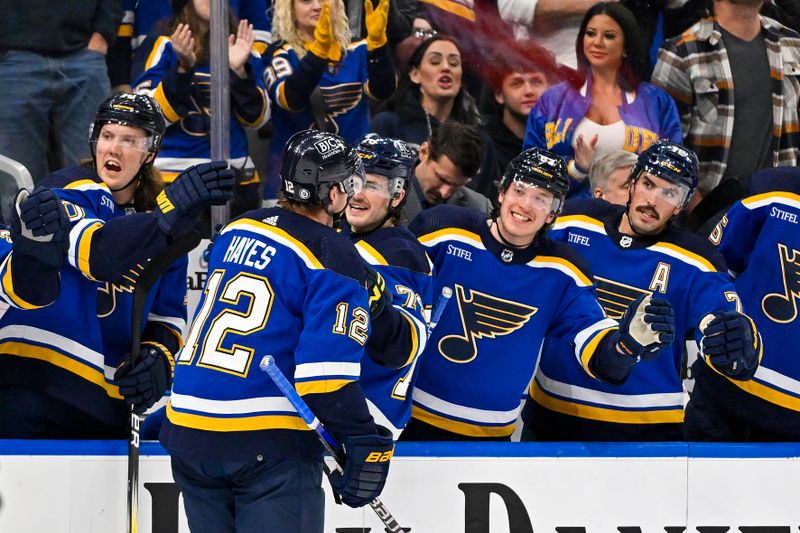 Nov 3, 2023; St. Louis, Missouri, USA;  St. Louis Blues center Kevin Hayes (12) celebrates with teammates after scoring against the New Jersey Devils during the second period at Enterprise Center. Mandatory Credit: Jeff Curry-USA TODAY Sports