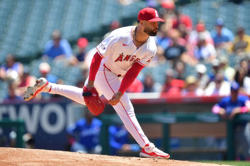 May 12, 2024; Anaheim, California, USA; Los Angeles Angels pitcher Patrick Sandoval (43) throws against the Kansas City Royals during the first inning at Angel Stadium. Mandatory Credit: Gary A. Vasquez-USA TODAY Sports