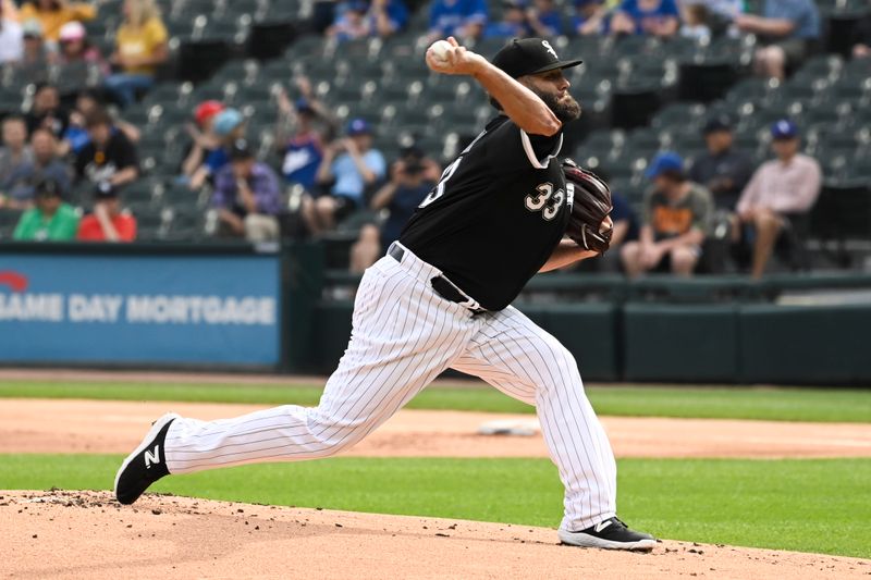 Jul 6, 2023; Chicago, Illinois, USA;  Chicago White Sox starting pitcher Lance Lynn (33) delivers against6 the Toronto Blue Jays during the first inning at Guaranteed Rate Field. Mandatory Credit: Matt Marton-USA TODAY Sports