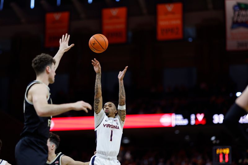 Feb 17, 2024; Charlottesville, Virginia, USA; Virginia Cavaliers guard Dante Harris (1) shoots the ball as Wake Forest Demon Deacons forward Andrew Carr (11) defends in the second half at John Paul Jones Arena. Mandatory Credit: Geoff Burke-USA TODAY Sports