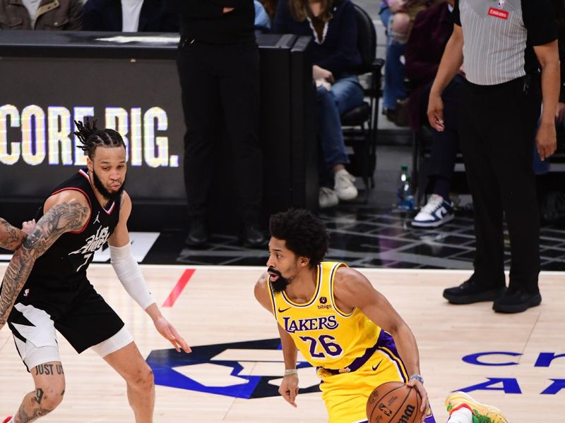 LOS ANGELES, CA - FEBRUARY 28:  Spencer Dinwiddie #26 of the Los Angeles Lakers goes to the basket during the game on February 28, 2024 at Crypto.Com Arena in Los Angeles, California. NOTE TO USER: User expressly acknowledges and agrees that, by downloading and/or using this Photograph, user is consenting to the terms and conditions of the Getty Images License Agreement. Mandatory Copyright Notice: Copyright 2024 NBAE (Photo by Adam Pantozzi/NBAE via Getty Images)