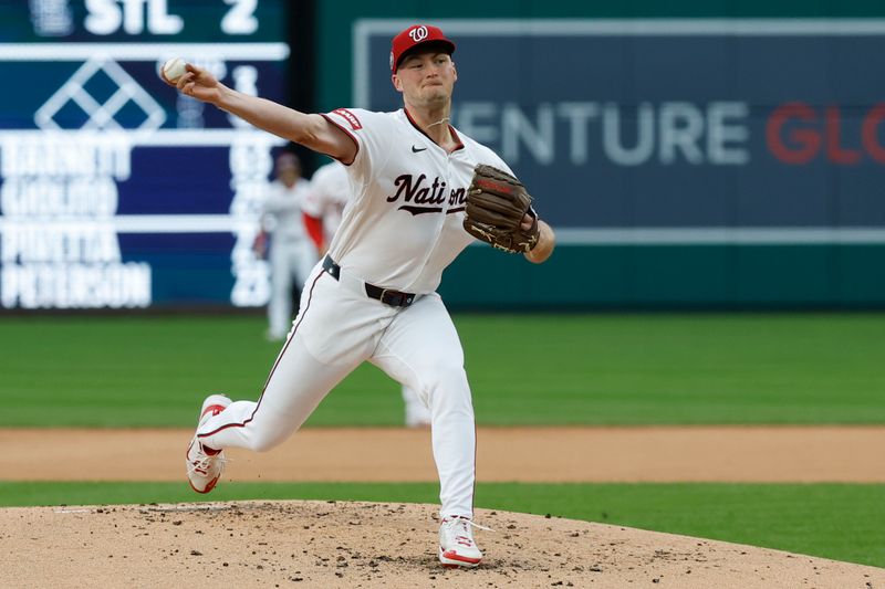 Sep 17, 2025; Washington, District of Columbia, USA; Washington Nationals starting pitcher Brad Lord (61) pitches against the Atlanta Braves during the second inning at Nationals Park. Mandatory Credit: Geoff Burke-Imagn Images