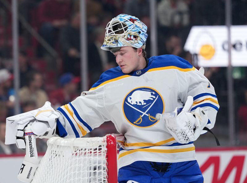 Jan 22, 2026; Montreal, Quebec, CAN; Buffalo Sabres goalie Ukko-Pekka Luukkonen (1) during the first period against the Montreal Canadiens at the Bell Centre. Mandatory Credit: Eric Bolte-Imagn Images