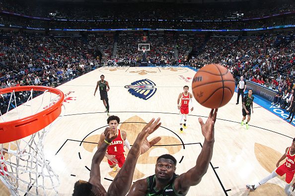 NEW ORLEANS, LA - NOVEMBER 4: Zion Williamson #1 of the New Orleans Pelicans shoots the ball during the game against the Atlanta Hawks on November 4, 2023 at the Smoothie King Center in New Orleans, Louisiana. NOTE TO USER: User expressly acknowledges and agrees that, by downloading and or using this Photograph, user is consenting to the terms and conditions of the Getty Images License Agreement. Mandatory Copyright Notice: Copyright 2023 NBAE (Photo by Layne Murdoch Jr./NBAE via Getty Images)