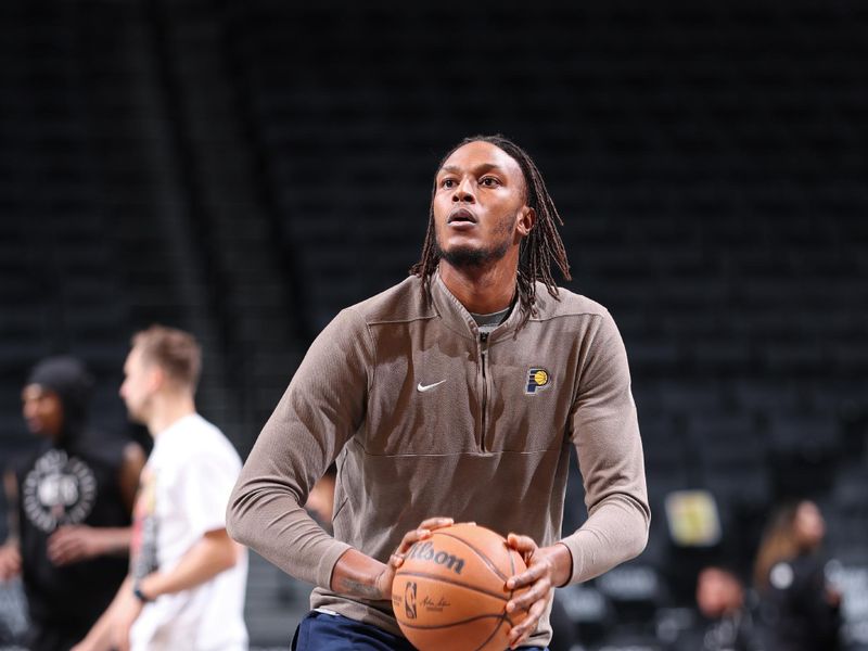 BROOKLYN, NY - DECEMBER 4: Myles Turner #33 of the Indiana Pacers warms up before the game against the Brooklyn Nets on December 4, 2024 at Barclays Center in Brooklyn, New York. NOTE TO USER: User expressly acknowledges and agrees that, by downloading and or using this Photograph, user is consenting to the terms and conditions of the Getty Images License Agreement. Mandatory Copyright Notice: Copyright 2024 NBAE (Photo by Jeff Haynes/NBAE via Getty Images)