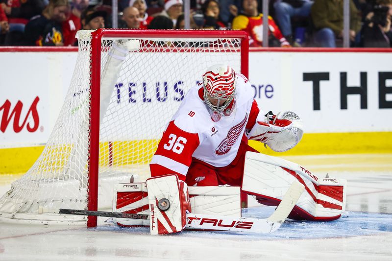 Dec 10, 2025; Calgary, Alberta, CAN; Detroit Red Wings goaltender John Gibson (36) guards his net against the Calgary Flames during the second period at Scotiabank Saddledome. Mandatory Credit: Sergei Belski-Imagn Images