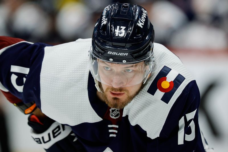 Mar 8, 2024; Denver, Colorado, USA; Colorado Avalanche right wing Valeri Nichushkin (13) in the second period against the Minnesota Wild at Ball Arena. Mandatory Credit: Isaiah J. Downing-USA TODAY Sports