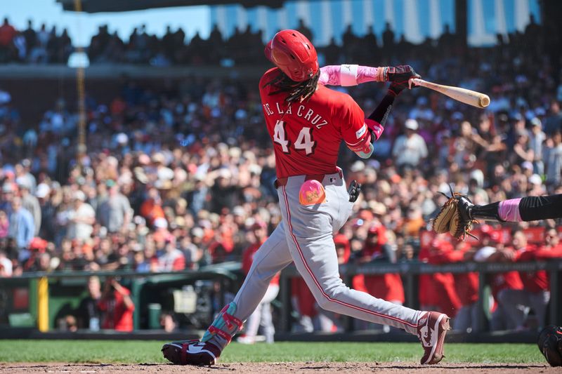 May 12, 2024; San Francisco, California, USA; Cincinnati Reds infielder Elly De La Cruz (44) strikes out against the San Francisco Giants during the tenth inning at Oracle Park. Mandatory Credit: Robert Edwards-USA TODAY Sports