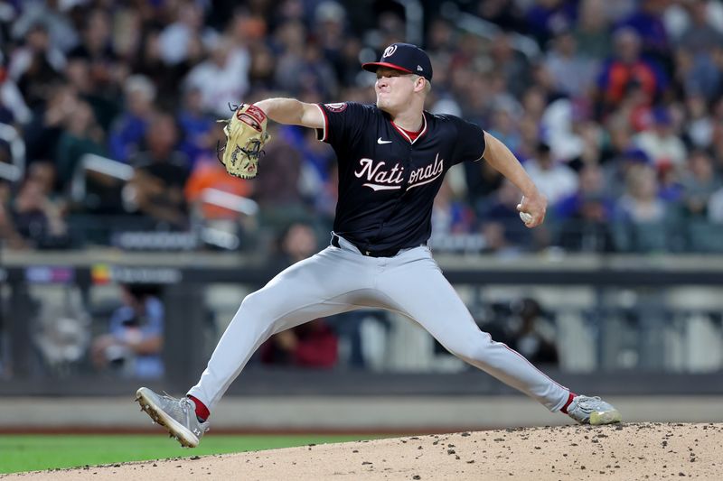 Sep 18, 2024; New York City, New York, USA; Washington Nationals starting pitcher DJ Herz (74) pitches against the New York Mets during the first inning at Citi Field. Mandatory Credit: Brad Penner-Imagn Images