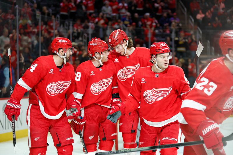 Mar 19, 2024; Detroit, Michigan, USA; The Detroit Red Wings celebrate a goal by Detroit Red Wings right wing Patrick Kane (88) in the second Period of the game against the Columbus Blue Jackets at Little Caesars Arena. Mandatory Credit: Brian Bradshaw Sevald-USA TODAY Sports