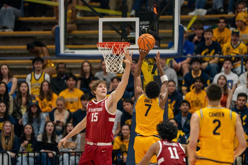 Feb 21, 2026; Berkeley, California, USA;  California Golden Bears guard Dai Dai Ames (7) shoots a layup against Stanford Cardinal forward Oskar Giltay (15) during the first half at Haas Pavilion. Mandatory Credit: Neville E. Guard-Imagn Images
