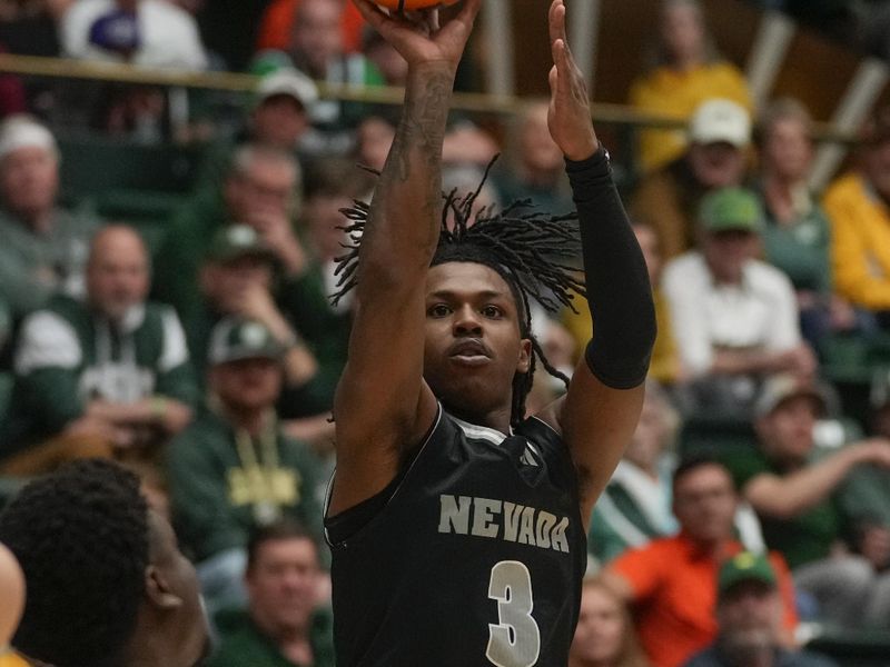 Feb 27, 2024; Fort Collins, Colorado, USA; Nevada Wolf Pack guard Tyler Rolison (3) shoots during the first half at Moby Arena. Mandatory Credit: Michael Madrid-USA TODAY Sports