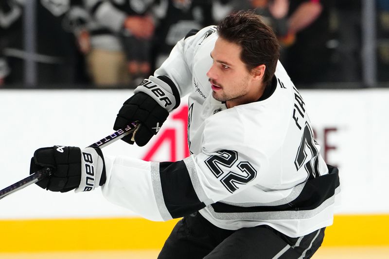 Oct 22, 2024; Las Vegas, Nevada, USA; Los Angeles Kings left wing Kevin Fiala (22) warms up before a game against the Vegas Golden Knights at T-Mobile Arena. Mandatory Credit: Stephen R. Sylvanie-Imagn Images