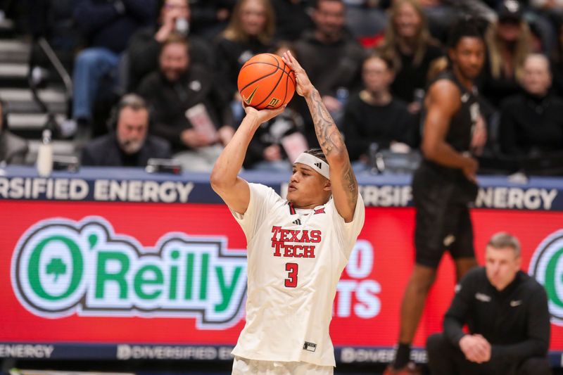 Feb 8, 2026; Morgantown, West Virginia, USA; Texas Tech Red Raiders forward Lejuan Watts (3) shoots during the first half against the West Virginia Mountaineers at Hope Coliseum. Mandatory Credit: Ben Queen-Imagn Images