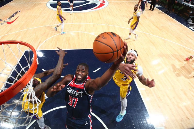 WASHINGTON, DC -? APRIL 3: Eugene Omoruyi #97 of the Washington Wizards shoots the ball during the game against the Los Angeles Lakers on April 3, 2024 at Capital One Arena in Washington, DC. NOTE TO USER: User expressly acknowledges and agrees that, by downloading and or using this Photograph, user is consenting to the terms and conditions of the Getty Images License Agreement. Mandatory Copyright Notice: Copyright 2024 NBAE (Photo by Stephen Gosling/NBAE via Getty Images)