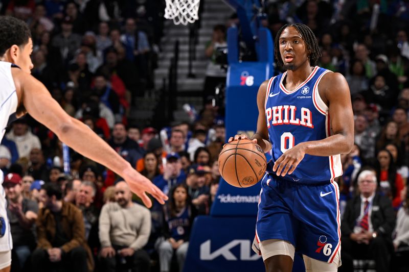 PHILADELPHIA, PA - FEBRUARY 5: Tyrese Maxey #0 of the Philadelphia 76ers dribbles the ball during the game against the Dallas Mavericks on February 5, 2024 at the Wells Fargo Center in Philadelphia, Pennsylvania NOTE TO USER: User expressly acknowledges and agrees that, by downloading and/or using this Photograph, user is consenting to the terms and conditions of the Getty Images License Agreement. Mandatory Copyright Notice: Copyright 2024 NBAE (Photo by David Dow/NBAE via Getty Images)