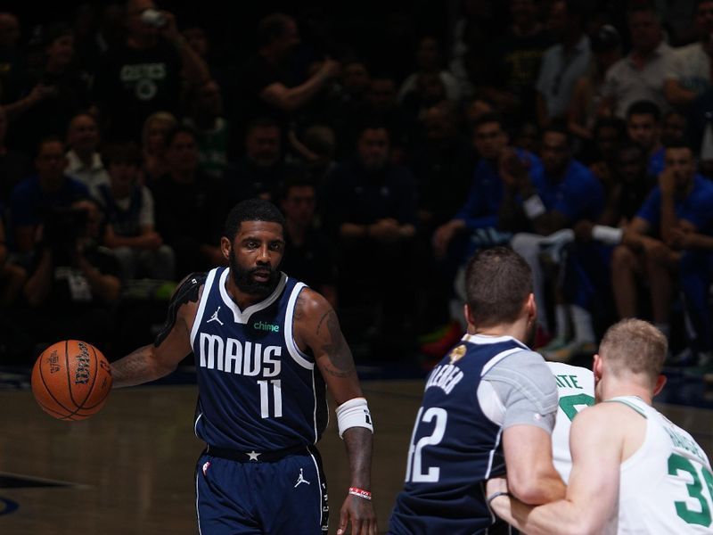 DALLAS, TX - JUNE 14: Kyrie Irving #11 of the Dallas Mavericks dribbles the ball during the game against the Boston Celtics during Game 4 of the 2024 NBA Finals on June 14, 2024 at the American Airlines Center in Dallas, Texas. NOTE TO USER: User expressly acknowledges and agrees that, by downloading and or using this photograph, User is consenting to the terms and conditions of the Getty Images License Agreement. Mandatory Copyright Notice: Copyright 2024 NBAE (Photo by Garrett Ellwood/NBAE via Getty Images)