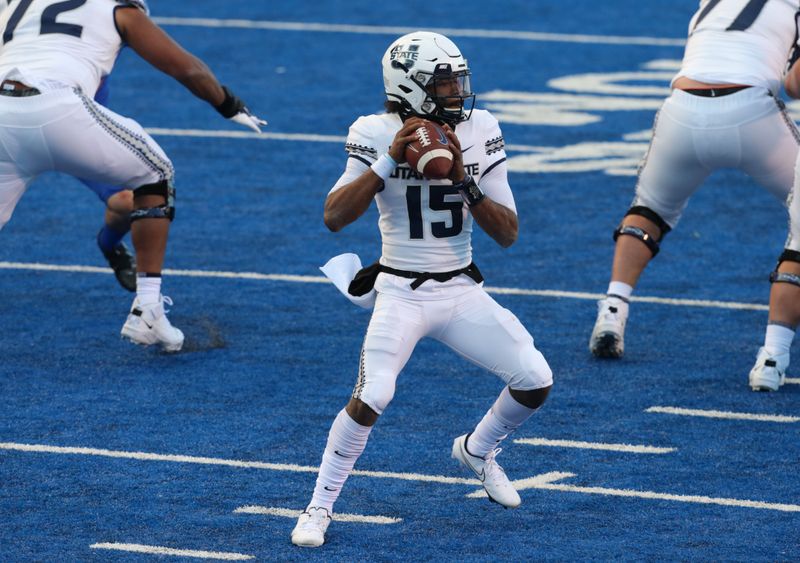 Oct 24, 2020; Boise, Idaho, USA;  Utah State Aggies quarterback Jason Shelley (15) looks for a receiver during the first half versus the Boise State Broncos at Albertsons Stadium. Mandatory Credit: Brian Losness-USA TODAY Sports
