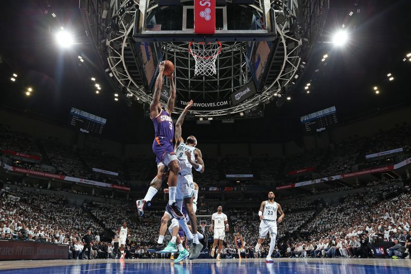 MINNEAPOLIS, MN -  APRIL 23: Bradley Beal #3 of the Phoenix Suns dunks the ball during the game against the Minnesota Timberwolves during Round 1 Game 2 of the 2024 NBA Playoffs on April 23, 2024 at Target Center in Minneapolis, Minnesota. NOTE TO USER: User expressly acknowledges and agrees that, by downloading and or using this Photograph, user is consenting to the terms and conditions of the Getty Images License Agreement. Mandatory Copyright Notice: Copyright 2024 NBAE (Photo by David Sherman/NBAE via Getty Images)