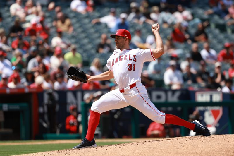 Apr 24, 2024; Anaheim, California, USA;  Los Angeles Angels pitcher Tyler Anderson (31) pitches during the fifth inning against the Baltimore Orioles at Angel Stadium. Mandatory Credit: Kiyoshi Mio-USA TODAY Sports