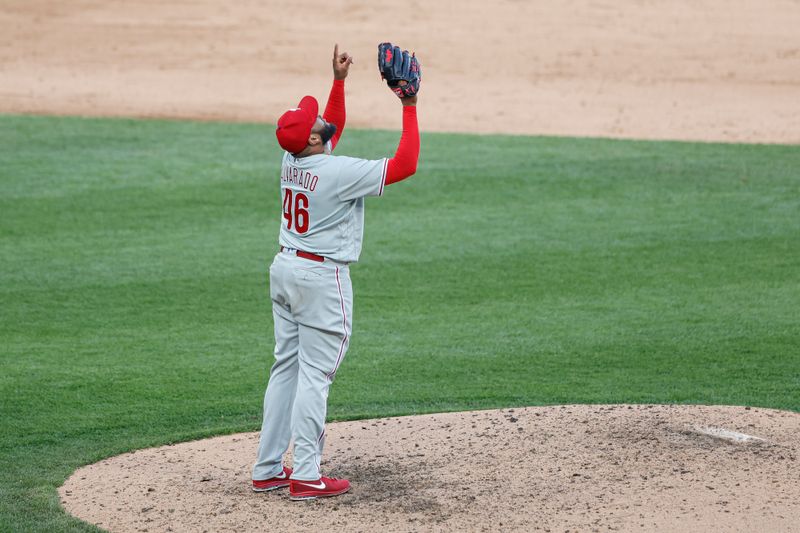 Apr 18, 2023; Chicago, Illinois, USA; Philadelphia Phillies relief pitcher Jose Alvarado (46) celebrates their win against the Chicago White Sox in game one of the doubleheader at Guaranteed Rate Field. Mandatory Credit: Kamil Krzaczynski-USA TODAY Sports