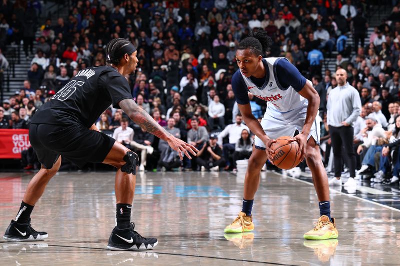 NEW YORK, NY - FEBRUARY 5: Bub Carrington #8 of the Washington Wizards handles the ball during the game against the Brooklyn Nets on February 5, 2025 at Madison Square Garden in New York City, New York.  NOTE TO USER: User expressly acknowledges and agrees that, by downloading and or using this photograph, User is consenting to the terms and conditions of the Getty Images License Agreement. Mandatory Copyright Notice: Copyright 2025 NBAE  (Photo by David L. Nemec/NBAE via Getty Images)