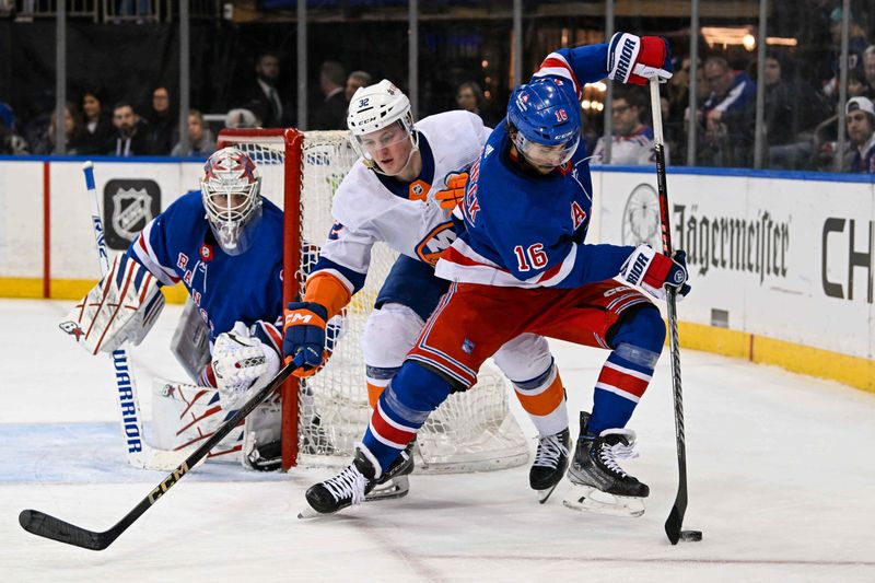 Apr 13, 2024; New York, New York, USA;  New York Rangers center Vincent Trocheck (16) plays the puck defended by New York Islanders center Kyle MacLean (32) during the third period at Madison Square Garden. Mandatory Credit: Dennis Schneidler-USA TODAY Sports