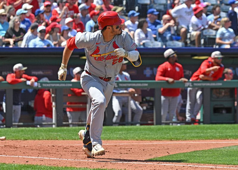 May 18, 2025; Kansas City, Missouri, USA;  St. Louis Cardinals third baseman Nolan Arenado (28) runs to first base after a single in the fifth inning against the Kansas City Royals at Kauffman Stadium. Mandatory Credit: Peter Aiken-Imagn Images
