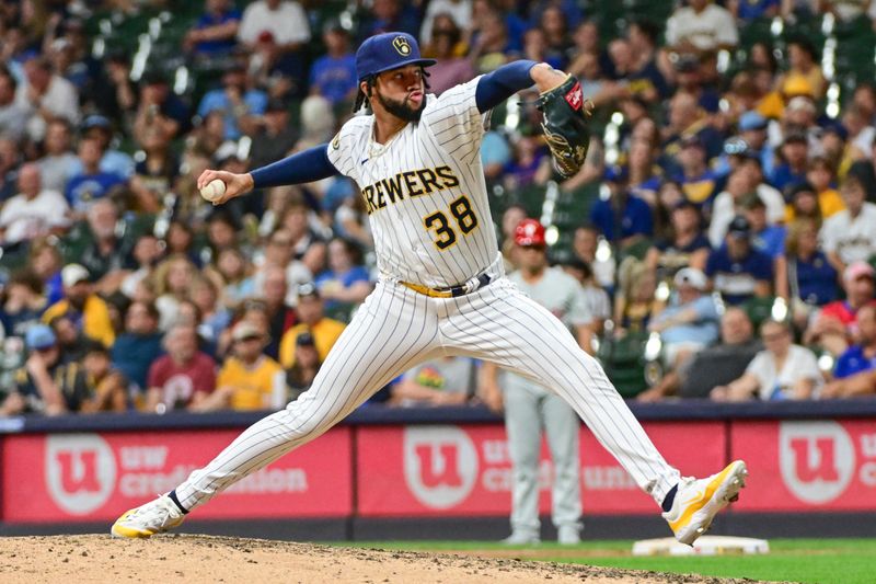 Sep 2, 2023; Milwaukee, Wisconsin, USA; Milwaukee Brewers pitcher Devin Williams (38) pitches against the Philadelphia Phillies in the ninth inning at American Family Field. Mandatory Credit: Benny Sieu-USA TODAY Sports