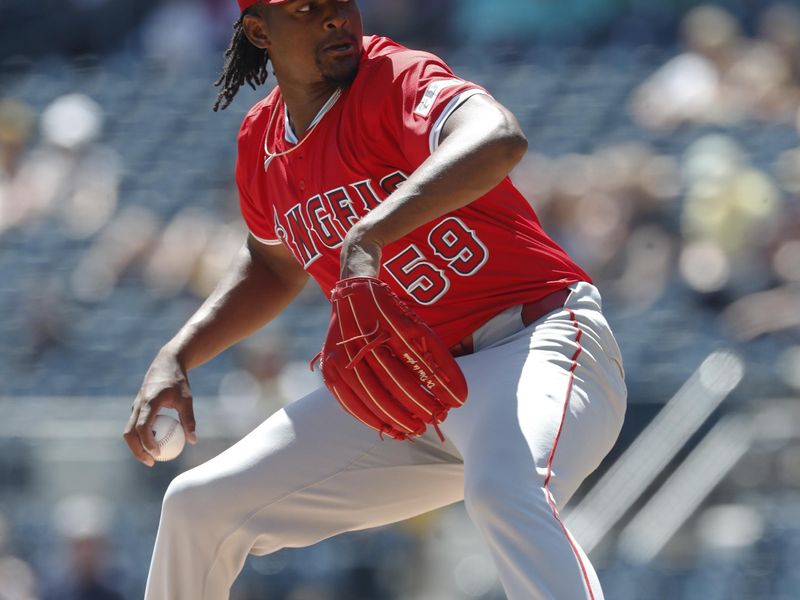 May 8, 2024; Pittsburgh, Pennsylvania, USA;  Los Angeles Angels starting pitcher José Soriano (59) delivers a pitch against the  Pittsburgh Pirates during the first inning  at PNC Park. Mandatory Credit: Charles LeClaire-USA TODAY Sports