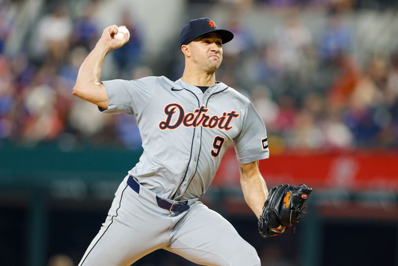 Jun 4, 2024; Arlington, Texas, USA; Detroit Tigers pitcher Jack Flaherty (9) throws during the fourth inning against the Texas Rangers at Globe Life Field. Mandatory Credit: Andrew Dieb-USA TODAY Sports