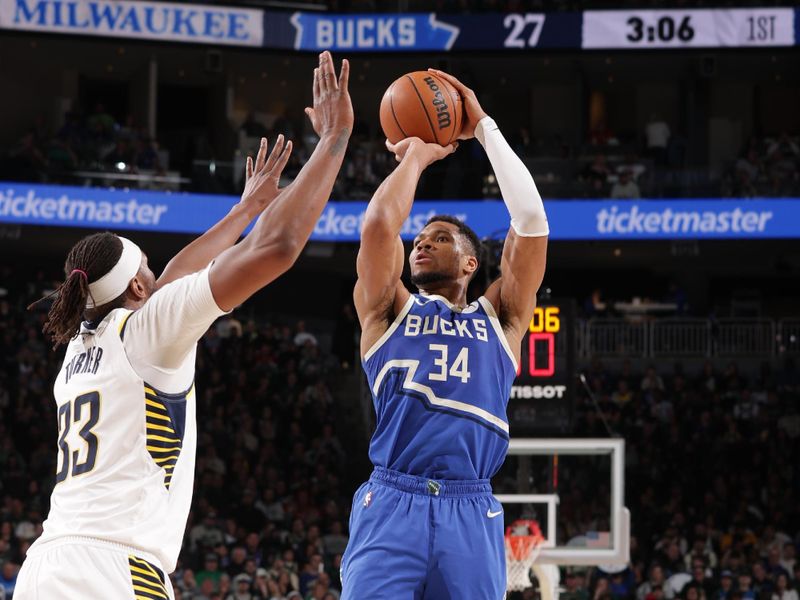 MILWAUKEE, WI - MARCH 15: Giannis Antetokounmpo #34 of the Milwaukee Bucks shoots the ball during the game against the Indiana Pacers on March 15, 2025 at Fiserv Forum Center in Milwaukee, Wisconsin. NOTE TO USER: User expressly acknowledges and agrees that, by downloading and or using this Photograph, user is consenting to the terms and conditions of the Getty Images License Agreement. Mandatory Copyright Notice: Copyright 2025 NBAE (Photo by Gary Dineen/NBAE via Getty Images).