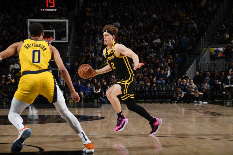 SAN FRANCISCO, CA - MARCH 22: Brandin Podziemski #2 of the Golden State Warriors dribbles the ball during the game against the Indiana Pacers on March 22, 2024 at Chase Center in San Francisco, California. NOTE TO USER: User expressly acknowledges and agrees that, by downloading and or using this photograph, user is consenting to the terms and conditions of Getty Images License Agreement. Mandatory Copyright Notice: Copyright 2024 NBAE (Photo by Noah Graham/NBAE via Getty Images)