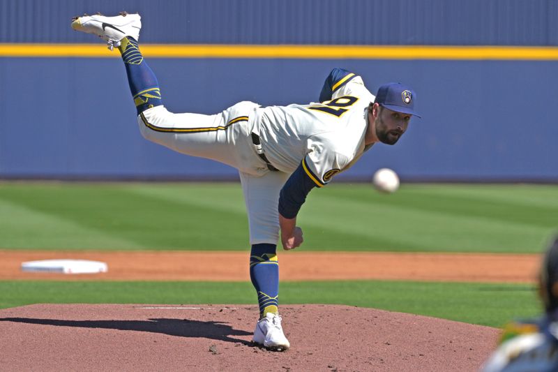 Feb 21, 2026; Phoenix, Arizona, USA;  Milwaukee Brewers pitcher Garrett Stallings (97) delivers to the plate in the first inning against the against the Cleveland Guardians at American Family Fields of Phoenix. Mandatory Credit: Jayne Kamin-Oncea-Imagn Images