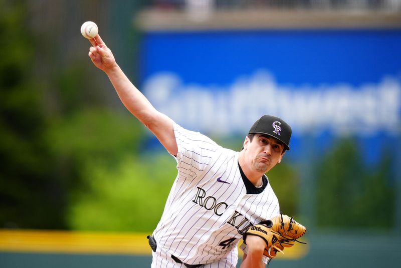 May 9, 2024; Denver, Colorado, USA; Colorado Rockies starting pitcher Cal Quantrill (47) delivers a pitch in the first inning against the San Francisco Giants at Coors Field. Mandatory Credit: Ron Chenoy-USA TODAY Sports