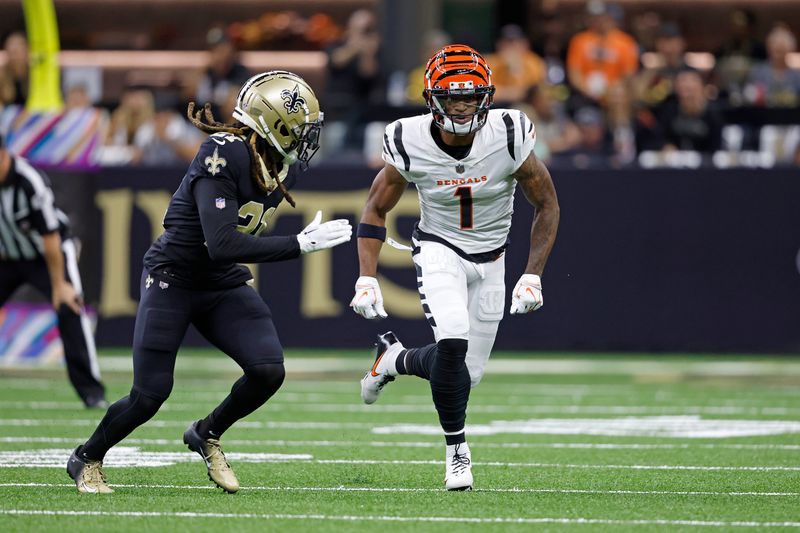 Cincinnati Bengals wide receiver Ja'Marr Chase (1) during an NFL football game against the New Orleans Saints, Sunday, Oct. 16, 2022, in New Orleans. (AP Photo/Tyler Kaufman)