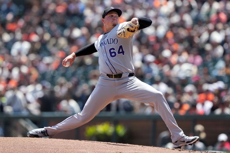 May 3, 2025; San Francisco, California, USA; Colorado Rockies starting pitcher Bradley Blalock (64) throws a pitch against the San Francisco Giants during the first inning at Oracle Park. Mandatory Credit: Darren Yamashita-Imagn Images