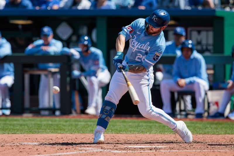 Apr 21, 2024; Kansas City, Missouri, USA; Kansas City Royals second base Adam Frazier (26) at bat during the sixth inning against the Baltimore Orioles at Kauffman Stadium. Mandatory Credit: William Purnell-USA TODAY Sports