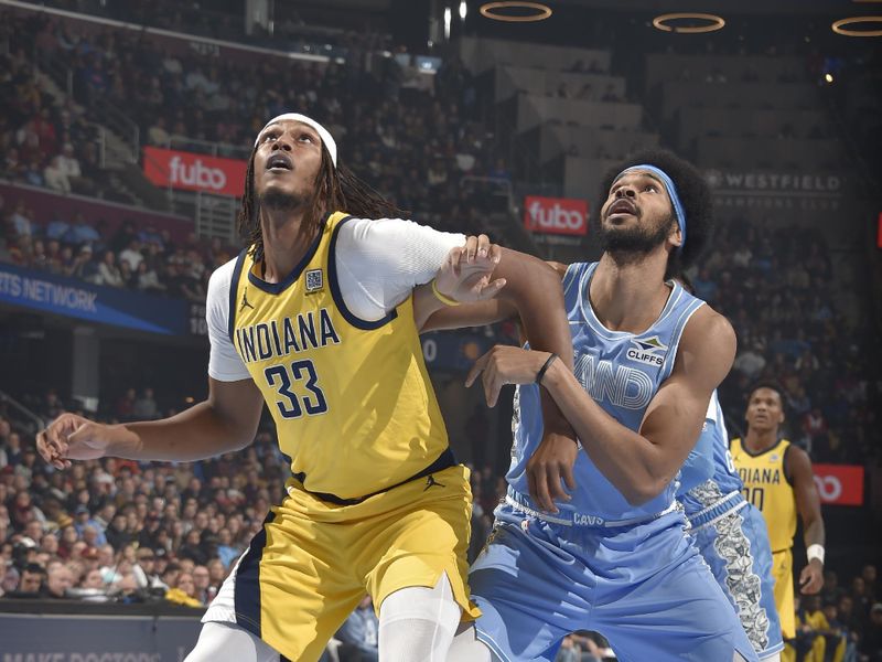 CLEVELAND, OH - JANUARY 12:  Myles Turner #33 of the Indiana Pacers boxes out during the game against the Cleveland Cavaliers on January 12, 2025 at Rocket Mortgage FieldHouse in Cleveland, Ohio. NOTE TO USER: User expressly acknowledges and agrees that, by downloading and/or using this Photograph, user is consenting to the terms and conditions of the Getty Images License Agreement. Mandatory Copyright Notice: Copyright 2025 NBAE (Photo by David Liam Kyle/NBAE via Getty Images)