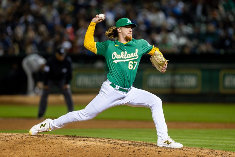 Sep 20, 2024; Oakland, California, USA; Oakland Athletics pitcher Grant Holman (67) throws a pitch during the tenth inning against the New York Yankees at Oakland-Alameda County Coliseum. Mandatory Credit: Bob Kupbens-Imagn Images