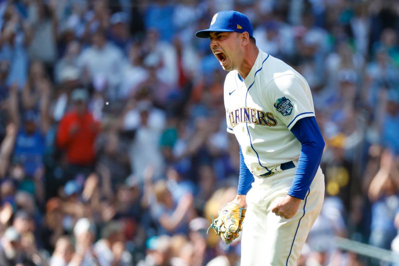 May 28, 2023; Seattle, Washington, USA; Seattle Mariners relief pitcher Tayler Saucedo (60) reacts after getting a strikeout against the Pittsburgh Pirates to end the top of the tenth inning at T-Mobile Park. Mandatory Credit: Joe Nicholson-USA TODAY Sports