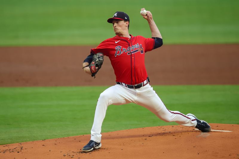 Jul 5, 2024; Atlanta, Georgia, USA; Atlanta Braves starting pitcher Max Fried (54) throws against the Philadelphia Phillies in the first inning at Truist Park. Mandatory Credit: Brett Davis-USA TODAY Sports
